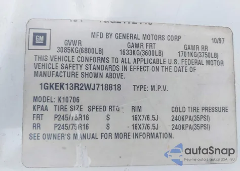 1998 GMC Yukon Slt из США, поврежденный, VIN 1GKEK13R2WJ718818